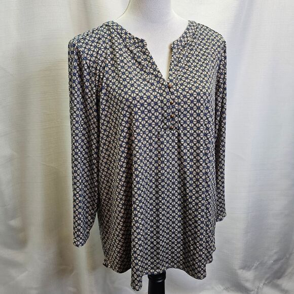 Dana Buchman Tan and Blue Geometric Print Popover Blouse Size XL - Picture 3 of 9